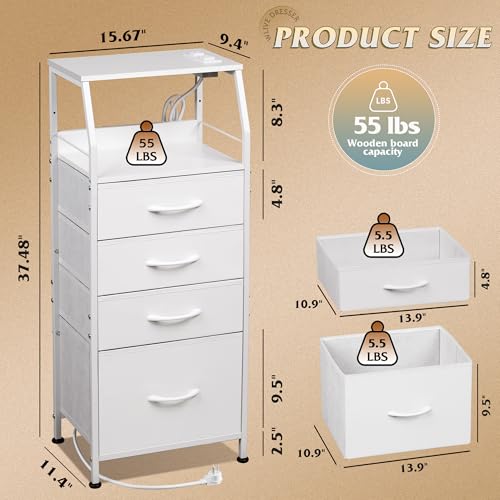 WLIVE Night Stand with Charger Station, White Nightstand with LED Light and 4 Storage Drawers, Tall Dresser for Bedroom, 37.48" H Bedside Table with Fabric Bins, Wood Shelf - color: White, size: 4 Drawers