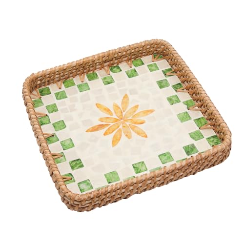 Rattan Serving Tray with Mother of Pearl Inlay, Square Handmade Woven Storage Basket Decorative Tray for Home Decor, 8.3"x8.3" - color: Green Grid Yellow Leaves, size: 8.3" x 8.3" x 1.6"