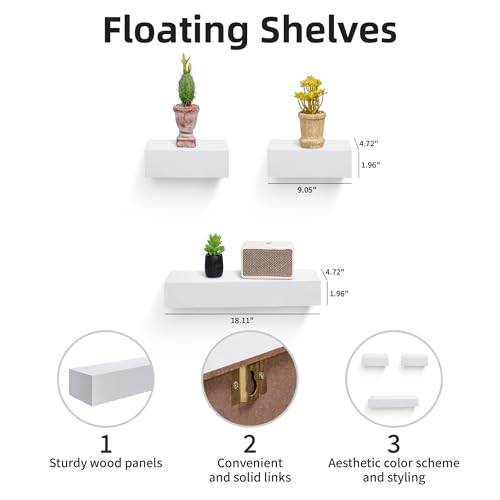 Floating Wall Shelves Set of 3 – MDF Wood Wall Mounted Shelf for Living Room, Bedroom, Bathroom, Office – Decorative Storage Racks for Plants, Photos, Books (White, Medium Set) - color: White, size: Medium Set