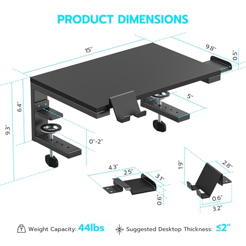ARES WING Desk Shelf Extender, 15 inches 3 in 1 Clamp on Desk Shelf with Phone & Headset Holders, Heavy Duty Desktop Organizer for Gaming and Office Accessories, Black - size: 15“, style: with hooks