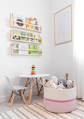 OrganiHaus Large Woven Storage Basket for Blankets and Toys 20" x 13" Inch, Rope Laundry Basket with Handles, Cushions & Pillows Storage Bin, Nursery Hamper, Soft Round Dog Toy Bin - Pink Stripe - color: Striped Pink, size: Wide