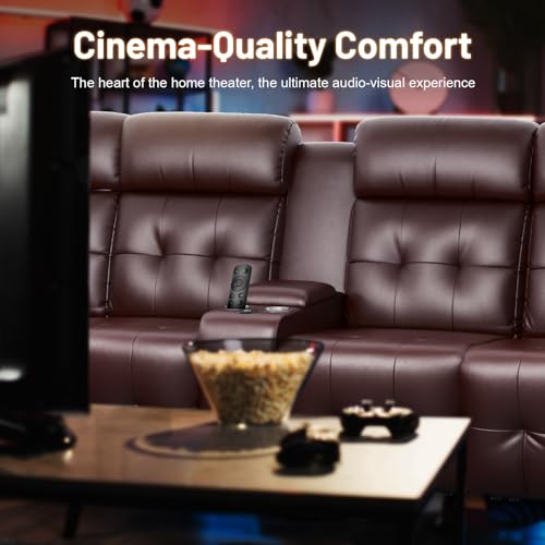Loveseat Recliner Sofa, 4-Seater Home Theater Seating Massage Reclining Couch with USB, Center Console, Wall Hugger RV Recliners, 145° Recline & Cup Holders & Side Pockets,for RV & Movie Room - color: Brown, size: 4-Seater 112''