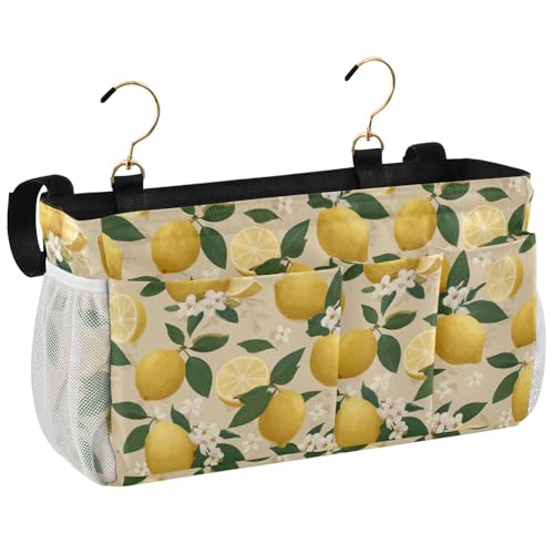 Bedside Caddy Hanging Bunk Bed Caddy Bed Organizer Hanging Pocket with 2 Hooks Bedside Storage Organizer Pocket Bag Holder Beige Lemons and Flowers - color: Beige Lemons and Flowers