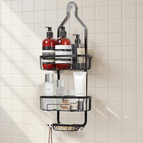 VEVOR Shower Caddy, Hanging Bathroom Shower Storage Organization Shelves Rack Set, with Soap Holder and Hooks for Towels, Sponge, 40 lbs Large Weight Capacity, Matte Black - color: Hanging