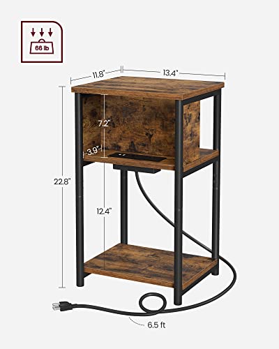 VASAGLE Side Table with Charging Station, 3-Tier End Table with USB Ports and Outlets, Nightstand for Living Room, Bedroom, 11.8 x 13.4 x 22.8 Inches, Plug-in Series, Rustic Brown and Black - color: Rustic Brown + Black