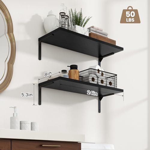 Fun Memories Deep Floating Shelves, 24W x 8D Floating Shelves Set of 2, Wall Mounted Shelf with Metal Brackets, Rustic Wood Wall Shelf for Bathroom, Kitchen and Living Room, Black - color: Black- L Bracket, size: 24"W x 8"D