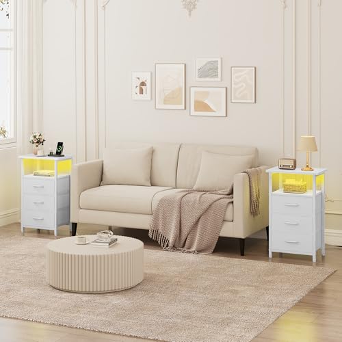 Vagusicc Night Stand with Charging Station, LED Nightstand for Bedroom, White Bedside Table with 3 Fabric Drawers, End Table Side Table with USB Ports and Outlets, Bed Side Table for Bedroom, White - color: White, size: 1 Piece, style: With LEDs