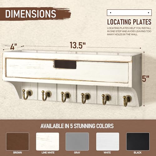 Rebee Vision Pine Wood Key Holder Wall Mount with Drawer Organizer for Farmhouse Decor – Mail Organizer with 6 Sturdy Key Hooks and Storage Drawer – Room Decor for Apartment Essentials (Whitewash) - color: Whitewash, style: 1-Drawer
