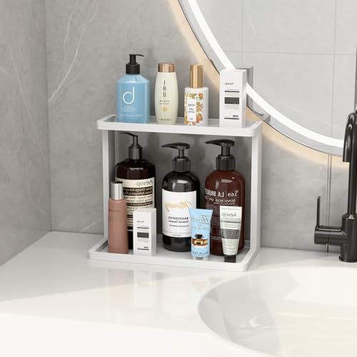 PEKER Bamboo Bathroom Organizer Countertop – Small Vanity Storage Shelf for Makeup, Perfume, Skincare – Natural Cosmetics Display Rack for Dresser, Sink, Kitchen –White - color: White Bamboo
