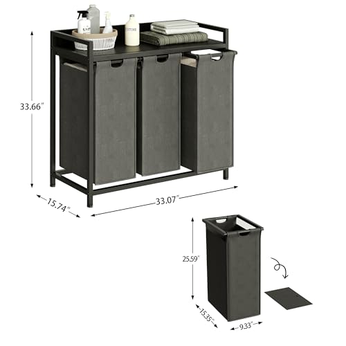 Herture Laundry Hamper with Shelf, Laundry Basket 3 Section, Laundry Sorter with Pull-Out Removable Large Bags and Movable Wheels, Metal Frame, 3 x 15.87 Gallons (60L), Black and Gray PF04XLC - color: Black + Gray, size: 3 Bags-180 L