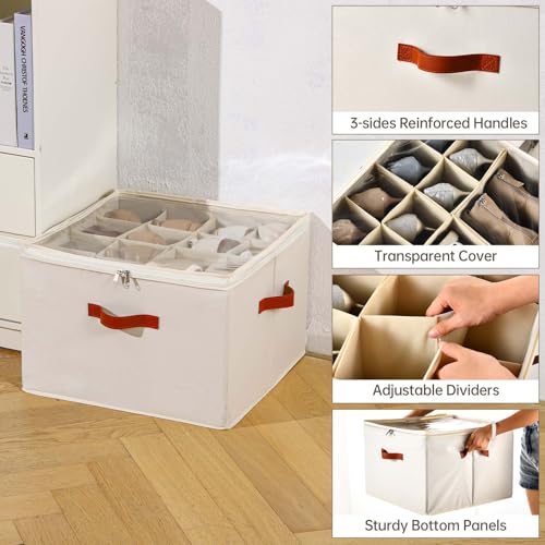 INSTY Shoe Organizer for Closet, 2 Pack Foldable Shoe Storage Containers, Fits up to 16-32 Pairs, Adjustable Dividers for Shoe Organizer, Fabric Shoe Storage Bins with Clear Cover, Beige - color: Beige