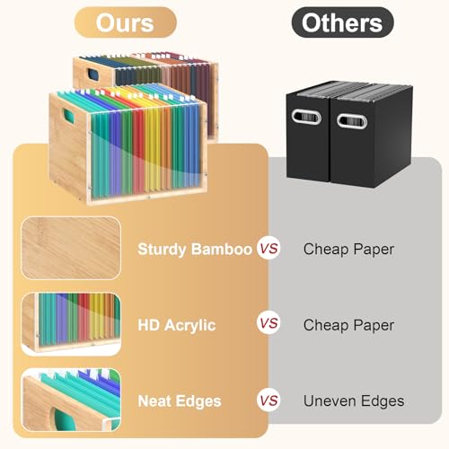 Sbanmao 2 Pack Hanging File Organizer, Clear Acrylic File Box Organizer, Bamboo Filing Box File Crate Storage Boxes, Portable Filing Organizer with Handle for Letter Size - color: 2 Pack, size: Letter Size