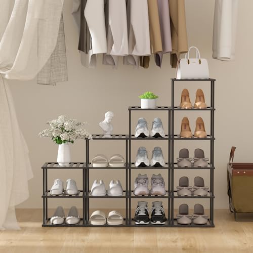 SHIISEWE Bamboo Shoe Rack for Small Spaces 6 Tier Tall Vertical Narrow Rack for Closet Stackable Shoe Holder, Black Stand for Entryway Storage Shoe Organizer - color: Black