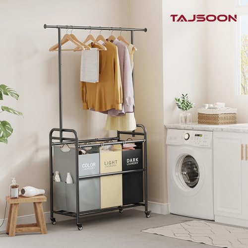 Tajsoon Laundry Sorter Cart with Hanging Clothes Rack, 3 Butler Sorter Basket Organizer, Laundry Hamper Cart with Heavy Duty Rolling Lockable Wheels, 3 Colors - color: 3 Colors, size: 3 bag