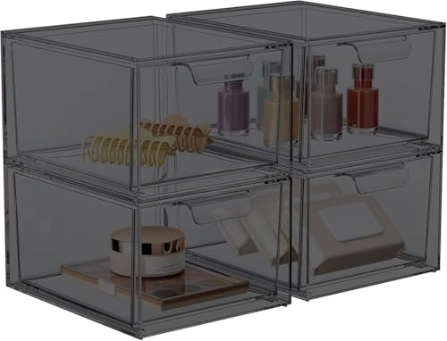 SpaceHacks 4 Pack Stackable Makeup Organizer and Storage, Acrylic Organizers，Clear Plastic Storage Drawer with Pull-Out Handles for Vanity, Undersink, Kitchen Cabinets, Pantry, Black - color: Black, size: 4 Pack