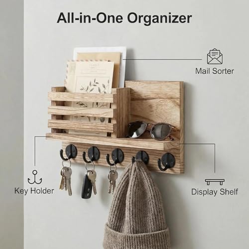 Wall Key and Mail Holder, Mail Organizer with 5 Metal Key Hooks, Selected Tung Wood, 11.8 x 6.7 inches, Includes mounting Hardware (Light Burn Color) - color: Light burn color