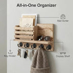 Wall Key and Mail Holder, Mail Organizer with 5 Metal Key Hooks, Selected Tung Wood, 11.8 x 6.7 inches, Includes mounting Hardware (Light Burn Color) - color: Light burn color