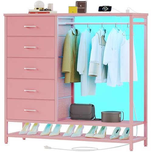 Dresser for Bedroom, Dresser with Hanging Rack Led Lights and Charging Station, Tall Dresser with 5 Fabric Chest of Drawers with PU Finish Storage Organizer, for Living Room Kids Room Closet, Pink - color: Pink