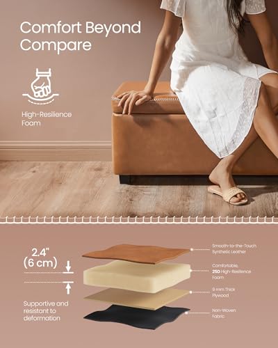 VASAGLE EKHO Collection - Storage Ottoman Bench, Entryway Bedroom Bench, 25 Gallons, Synthetic Leather with Stitching, Mid-Century Modern, Safety Hinges, Loads 660 lb, Caramel Brown ULOM075K01 - color: Caramel Brown, style: 25-Gallon Storage Bench