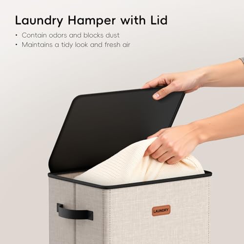 100L Laundry Hamper with Lid, Large Clothes Hampers with Removable Bag, Collapsible Laundry Basket for Bathroom, Bedroom, Laundry Room, Dorm, Beige - color: Beige, size: 100L - 1 Section