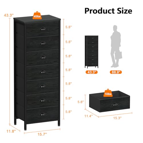 Furnulem Bedroom Dresser, Tall Chests of Drawers with 7 Fabric Bins, Black Organizer in Closet, Dorm, Living Room, Nursery, Hallyway-Storage Tower Unit, Sturdy Steel Frame - color: Black Oak, size: 11.8"D x 15.8"W x 43.3"H (7 Drawers)
