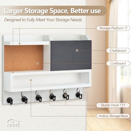 Key Holder for Wall Mount with Mail Organizer, Farmhouse Key Holder for Wall with Shelf, Chalkboard&Corkboard, Entryway Organizer 11 Metal Hooks, Decorative Natural Pine Wood, 14.6*11.1*3.3”, A-White - color: White-a