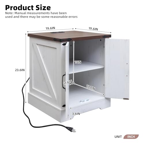 Farmhouse End Table with Charging Station, Rustic Wood Nightstand with Adjustable Shelf, 19.6"W Versatile Walnut Sofa Side Table with Barn Doors and Retro Hinges for Bedroom, Living Room (White-kk025) - color: White-kk025