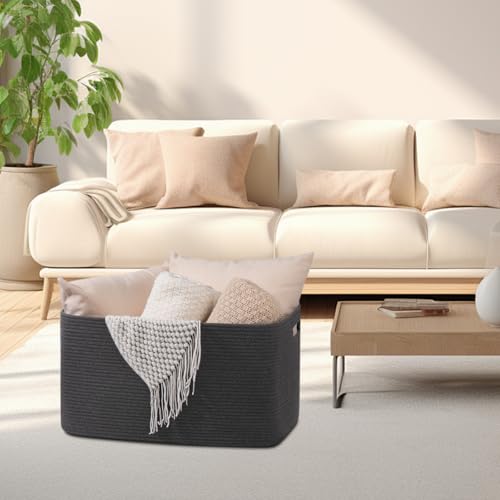 OIAHOMY Large Blanket Basket,Storage Basket with Handle, Blanket Basket for Living Room, Rectangle Woven Cotton Rope Basket for Bedroom, Toy Baskets Organizer Bins, 22" x 17" x 12" in, Dark Grey - color: Dark Grey, size: 22”x17”x12”