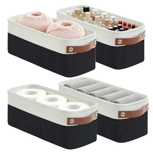 Bagnizer Small Fabric Storage Baskets, 15x6x5 inch Narrow Storage Bins 4-Pack Long Storage Basket for Organizing with Handles, Decorative Basket for Closets, Shelves, Toilet Paper, Black - color: Black / Off-White, size: Narrow-15"x6"x5"