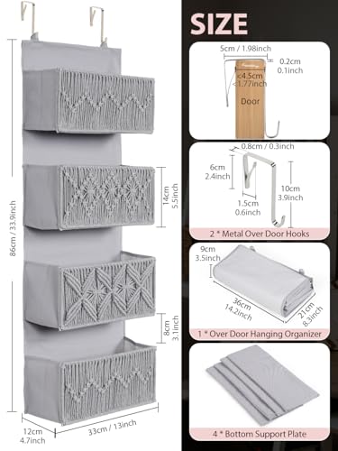 Macrame Over the Door Organizer Boho Decor Nursery Storage, Leaf Weaving Closet Storage, 4 Hanging Pockets, Behind Door for Bathroom, Bedroom,Grey - color: Grey