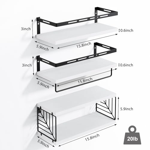 Fixwal Wall Mounted Bathroom Shelves Over Toilet, Rustic Wood Floating Shelves with Metal Frame and Towel Bar for Bathroom, Kitchen, Bedroom, Living Room (White) - color: 4-white