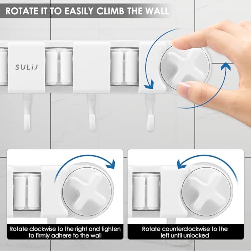 Broom Holder Wall Mount Sturdy Mop and Broom Organizer with 4 Racks and 5 Hooks Vacuum Suction Cup Broom Mop Holder for Home, kitchen, Garden, Tools, Garage - color: white