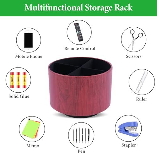 Round Leather Art Supply Organizer,Remote Control Holder,360 Degree Spinning,Multi-Functional Pencil Holder,4 Compartments Desktop Stationary Organizer(1-Thin Wood Red Brown) - color: 1-Thin Wood Red Brown