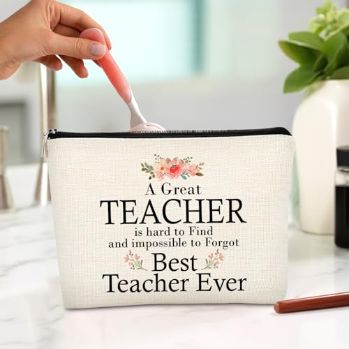 Best Teacher Ever Makeup Bag,Watercolor Flower Floral Teacher Cosmetic Bag Gift for Women,Girly Aesthetic Zipper Makeup Pouch