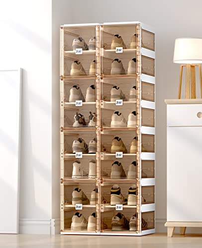 ANTBOX Foldable Shoe Rack,Shoe Organizers for Closet Plastic Shoe Storage Box for Entryway,Living Room,Large Sturdy Stackable Sneaker Cabinet Bins with Magnetic Clear Door 8 Tiers 16 Pairs - color: Brown, size: 8 Tiers 16 Pairs
