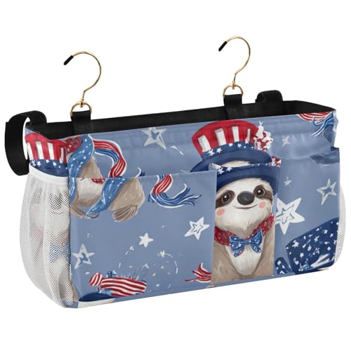 Bedside Caddy Metal Frame Hanging Organizer Bunk Bed Dorm Accessories Hook And Loop Storage Bag Large Pockets American Spirit 4th July Sloths Blue - color: American Spirit 4th July Sloths Blue