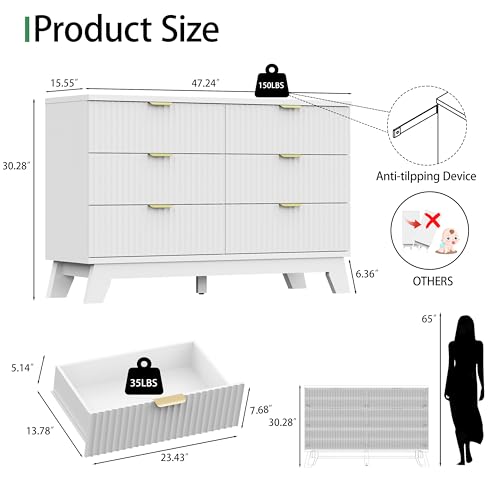 Fluted Dresser for Bedroom with 6 Drawers, 48" Wide Modern Chest of Drawers with Metal Handle, Wooden Dresser TV Stand, Wood Closet Clothes Storage Drawer Organizer for Living Room, Hallway, White - color: White, size: 15.6"D x 47.2"W x 30.5"H (6 Drawers)