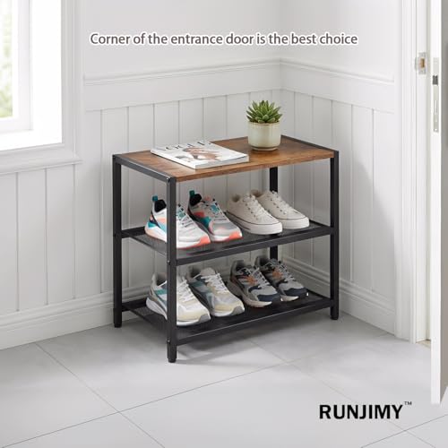 3-Tier Wooden Shoe Rack with Metal Mesh Shelves - for Entryway, Closet, Hallway & Bedroom Holds 6 Pairs, Ideal for Storage or Display - size: 17"D x 10.24"W x 15.75"H