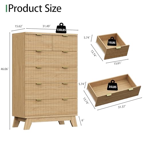 Fluted Dresser for Bedroom with 6 Drawers, 46" Tall Modern Chest of Drawers with Metal Handle, Wooden Dresser TV Stand, Wood Closet Clothes Storage Organizer for Living Room, Hallway, Natural Oak - color: Natural Oak, size: 15.6"D x 31.5"W x 46.1"H (6 Dra