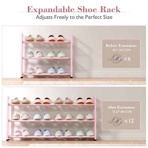 Bumusty 3-Tier Expandable Shoe Rack for Closet, 18“-33” Adjustable Shoe Rack for Small Space, Small Shoe Organizer for Front Door, Sturdy Metal, Pink - color: Pink, size: 3-Tier