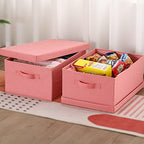 HOONEX Linen Foldable Storage Bins with Lids, 2 Pack, Storage Boxes with Carrying Handles and Sturdy Heavy Cardboard, 16.5" L x 11.8" W x 7.5" H for Shoes, Books, Clothes, Nursery, Pink - color: Pink