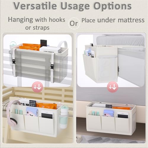 Edudif Dual-Purpose Bedside Caddy Organizer with 6 Pockets, Versatile Bedside Storage Solution Magazine Remotes Holder, Ideal for Home, Dorm, Hospital, Crib Bed (White) - color: White