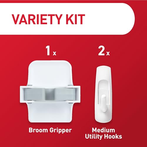 Command Closet Organization Essentials, 1 Broom Holder and 2 Utility Hooks, Damage-Free Hanging Household Cleaning Tool Organizer for Closet, Laundry Room, and Kitchen