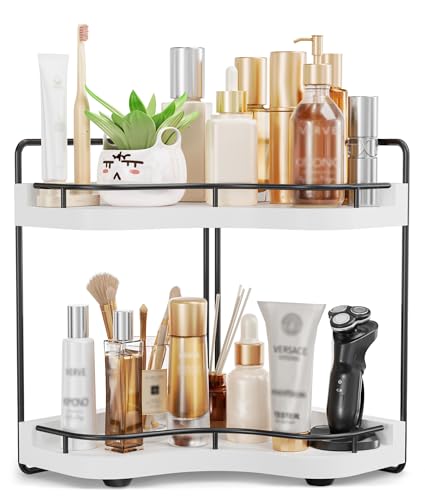 2-Tier Corner Bathroom Counter Organizer with Embedded Screw Holes, Secure & Stable Wood Vanity Shelf for Makeup and Skincare Essentials - Space Saving Bathroom Countertop Storage, White - color: White