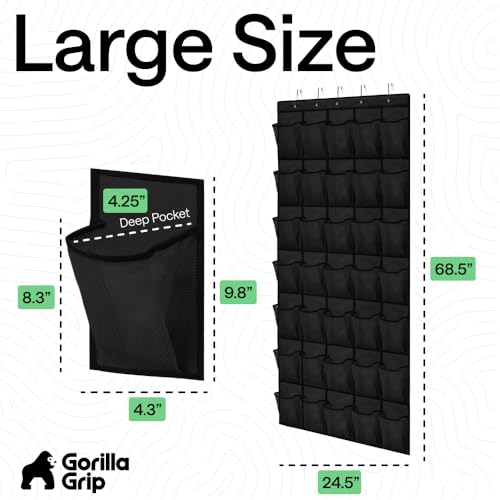 GORILLA GRIP Over the Door Shoe Organizer, 35 Large Breathable Mesh Pockets, Space Saving Hanging Storage Holder, 5 Hook Closet Rack Hanger, Hangs on Closets for Shoes, Accessories 68.5H x 24.5W Black - color: Black, size: 35 Pockets/5 Hooks