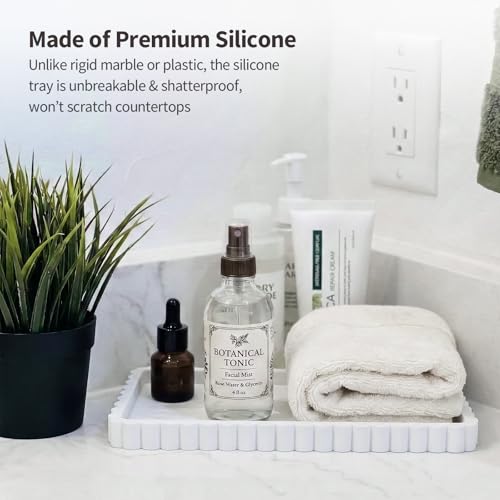 Silicone Bathroom Vanity Tray, Sink Caddy for Dish Soap Dispenser, Sponge Holder for Kitchen Sink, Rectangle Bathroom Countertop Organizer for Perfume, Jewelry, Candle (9.9” * 6”, White) - color: White, size: 9.9" x 6" x 0.7"