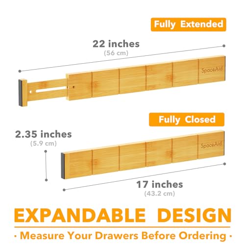 SpaceAid Bamboo Drawer Dividers with Inserts and Labels, Kitchen Adjustable Drawer Organizers, Expandable Organization for Home, Office, Dressers, 7 Dividers with 15 Inserts (17"-22" Natural) - color: NATURAL, size: 2.35''H, 17''-22''L, 7 Dividers
