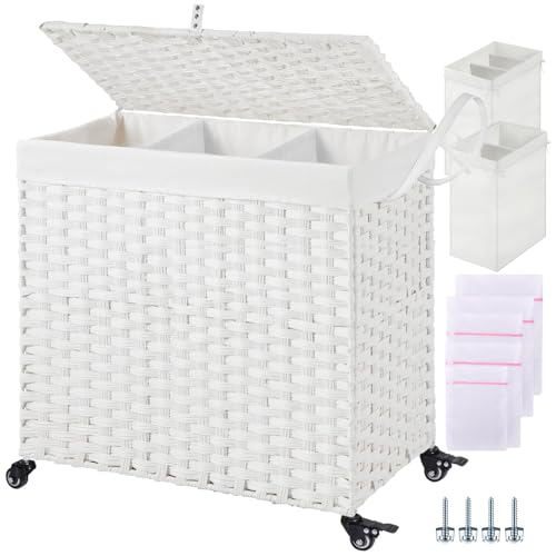 Greenstell Laundry Hamper with Wheels&Lid,130L Large 3 Sections Clothes Hamper with 2 Types Removable Liner Bags, 5 Mesh Laundry Bags, Handwoven Divided Laundry Basket White - color: White, size: 130L: 25.6x13.0x25.7 Inches