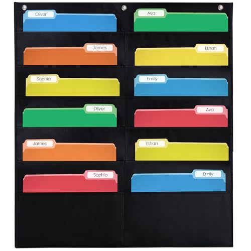 Essex Wares - 12 Pocket File Pocket Chart, Black, 14" Wide x 55" Tall - Versatile Wall Hanging File Folder Organizer for Classroom, Office, Home, and More - Wall Folder Organizer - 12 Pockets - size: 12 Pocket
