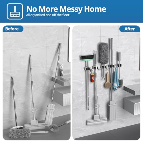 2 Pack Broom Holder Wall Mount Mop and Broom Hanger Broom Organizer Storage Tool Racks Stainless Steel Heavy Duty for Kitchen Garden Laundry Garage (5 Racks with 4 Hooks) - style: 2 PACK